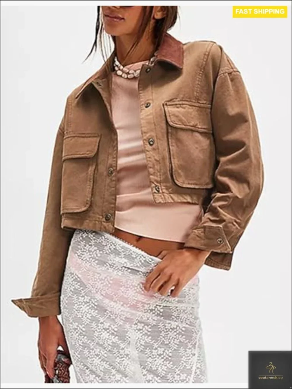 Cropped Barn Jacket Contrast Collar Long Sleeve Cotton Cargo Jacket with Pockets